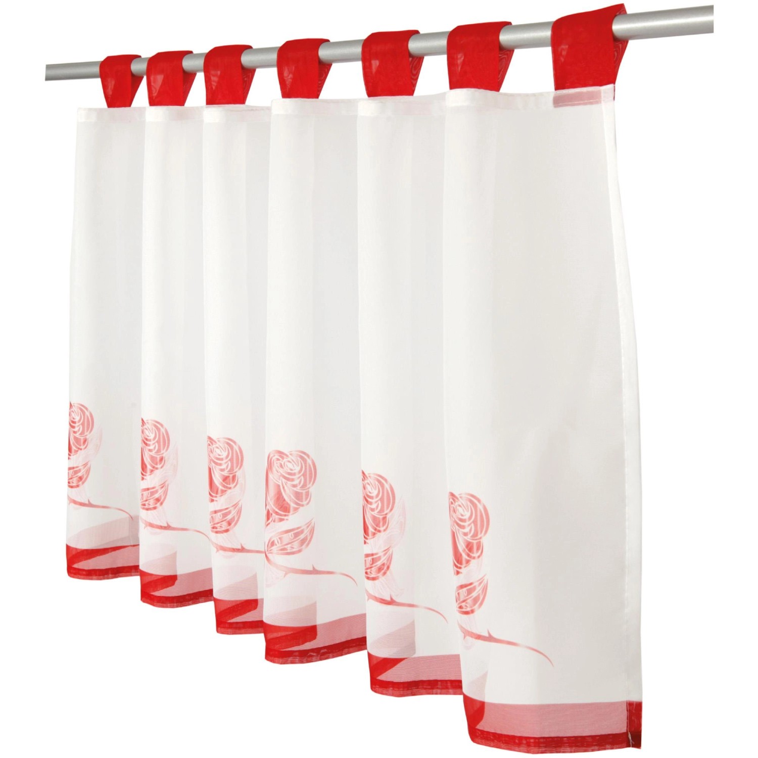 Bistrogardine Angie Rose, weiß mit roten Rosen und Schlaufen, 45x120 cm. Dekorative Fenstergardine.