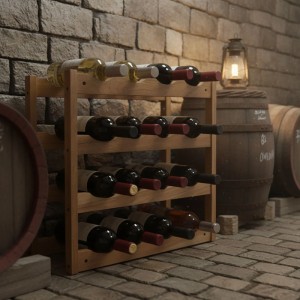 Weinregal aus Walnuss-Holz für 16 Flaschen, stehend im Weinkeller.