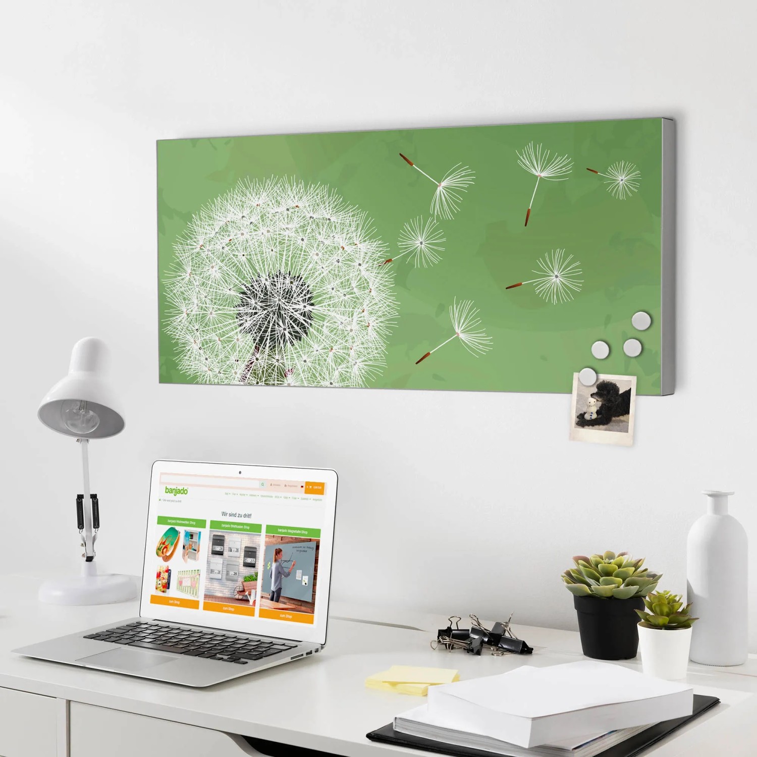Banjado Magnettafel 78x37cm mit Pusteblumen Motiv, silberne Magnetwand für Notizen und Fotos.