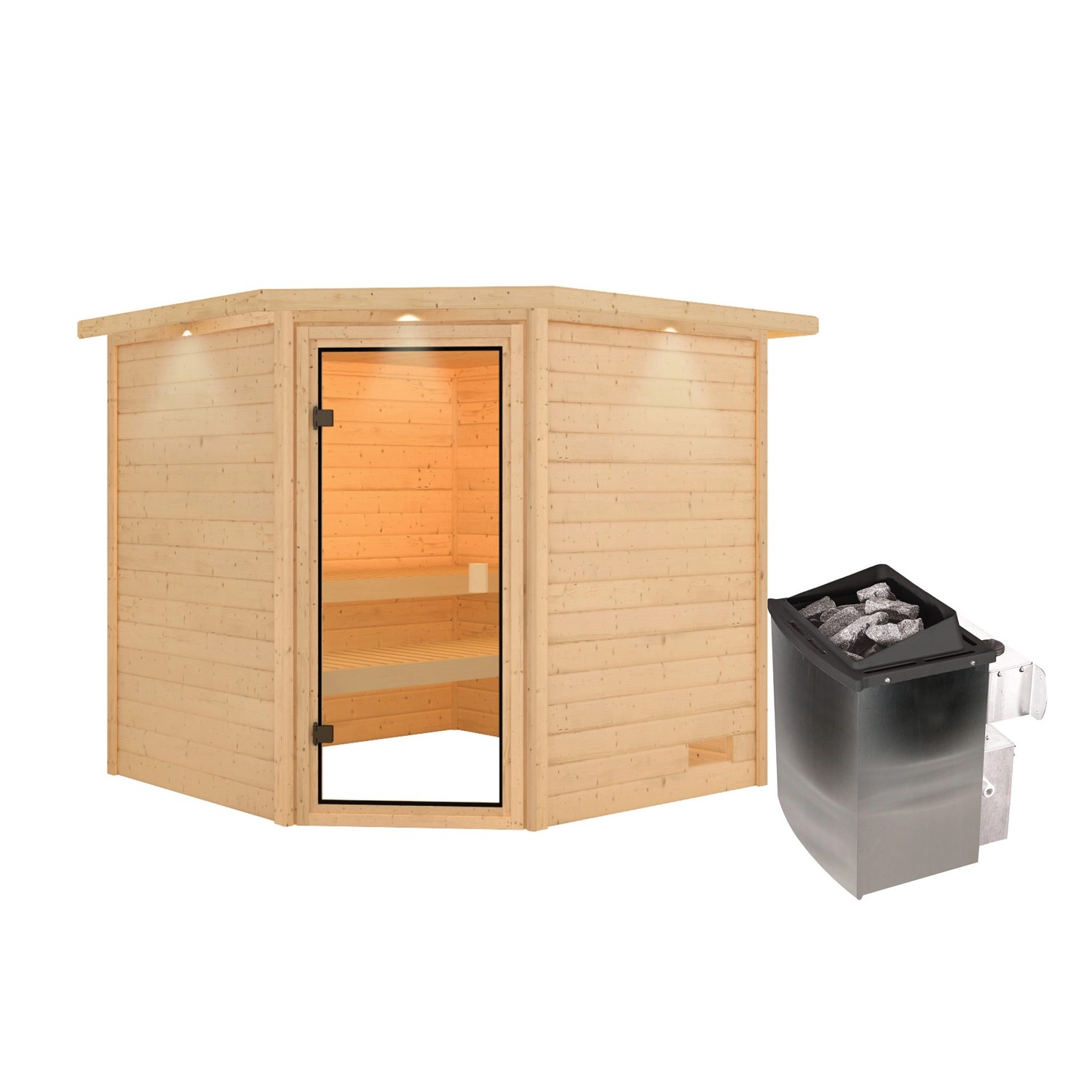 Karibu Sauna Tilda mit Kranz Set Naturbelassen mit Ofen 9 kW integr. Steuer günstig online kaufen