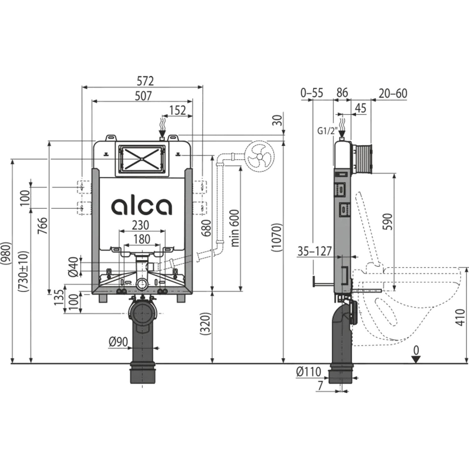Technische Zeichnung des Alcadrain AM1115/1000 Vorwandinstallationssystems mit Maßen.