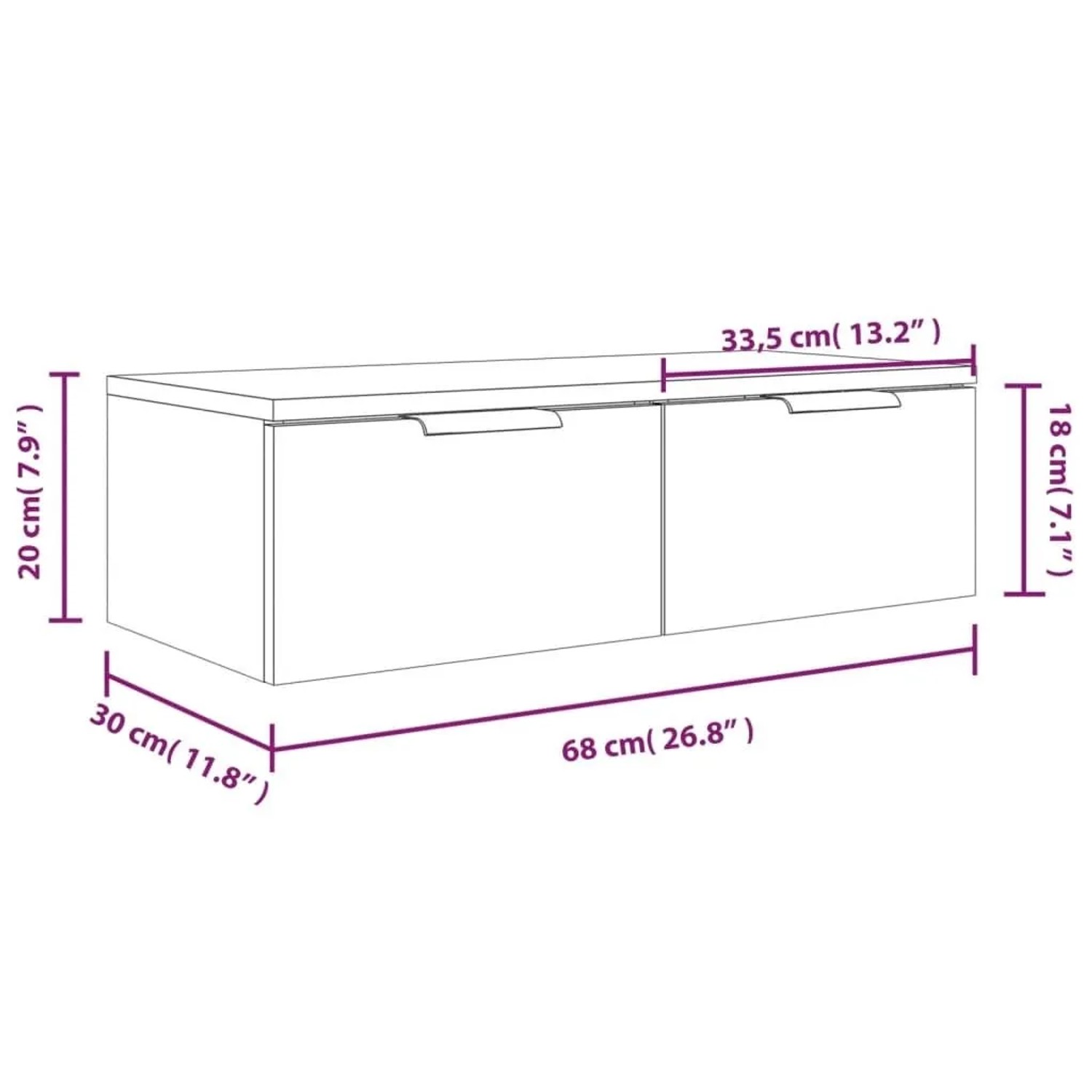 Weißer vidaXL Wandschrank aus Holzwerkstoff, 68x30x20 cm, mit zwei Schubladen und Griffen.