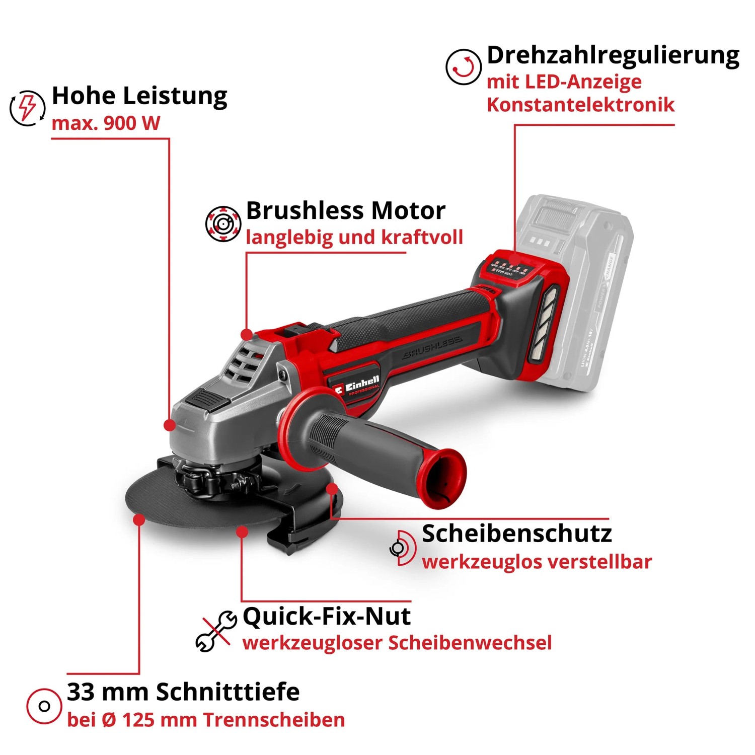 Einhell Akku-Winkelschleifer TP-AG 18/125: Kompakter Trennschleifer in Rot/Schwarz mit Akku. Ideal zum Schleifen.