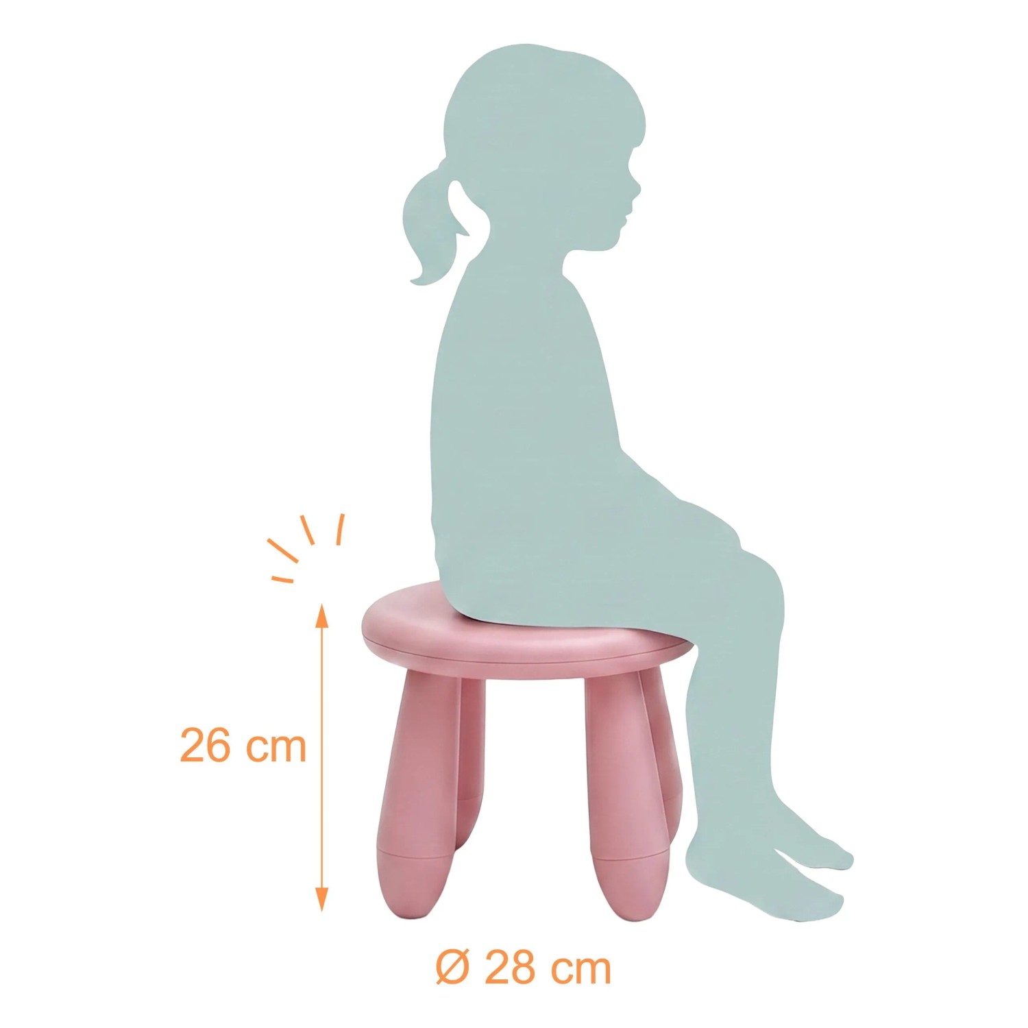 Rosa Kindersitzhocker aus Kunststoff, kippsicher, mit abgerundeten Kanten. Ein Kind sitzt darauf. H: 26 cm, Ø 28 cm.