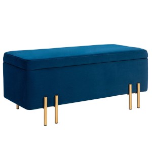 Blaue Samt-Sitzbank mit Stauraum und eleganten goldenen Metallfüßen, 100 cm breit. Modernes Design.