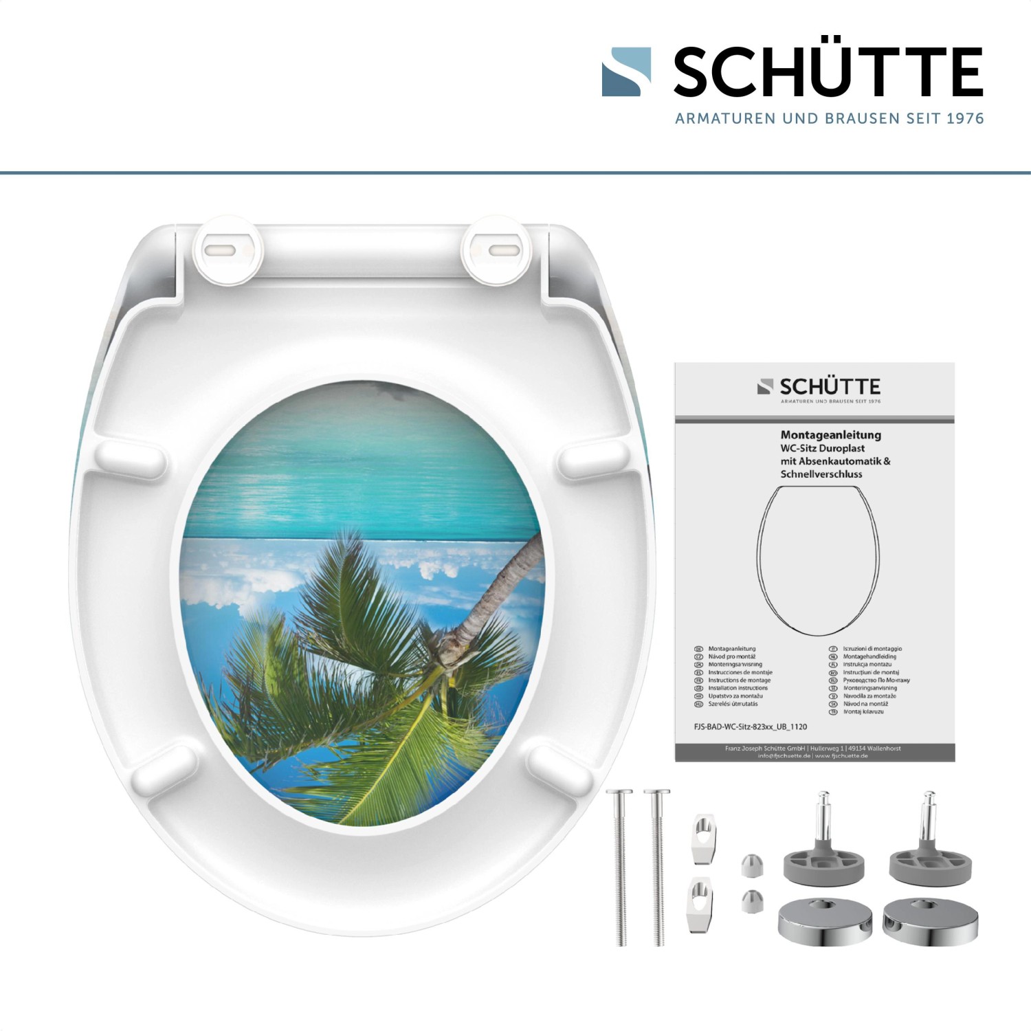 Schütte WC-Sitz Carribean mit Strandmotiv, Absenkautomatik und Schnellverschluss.