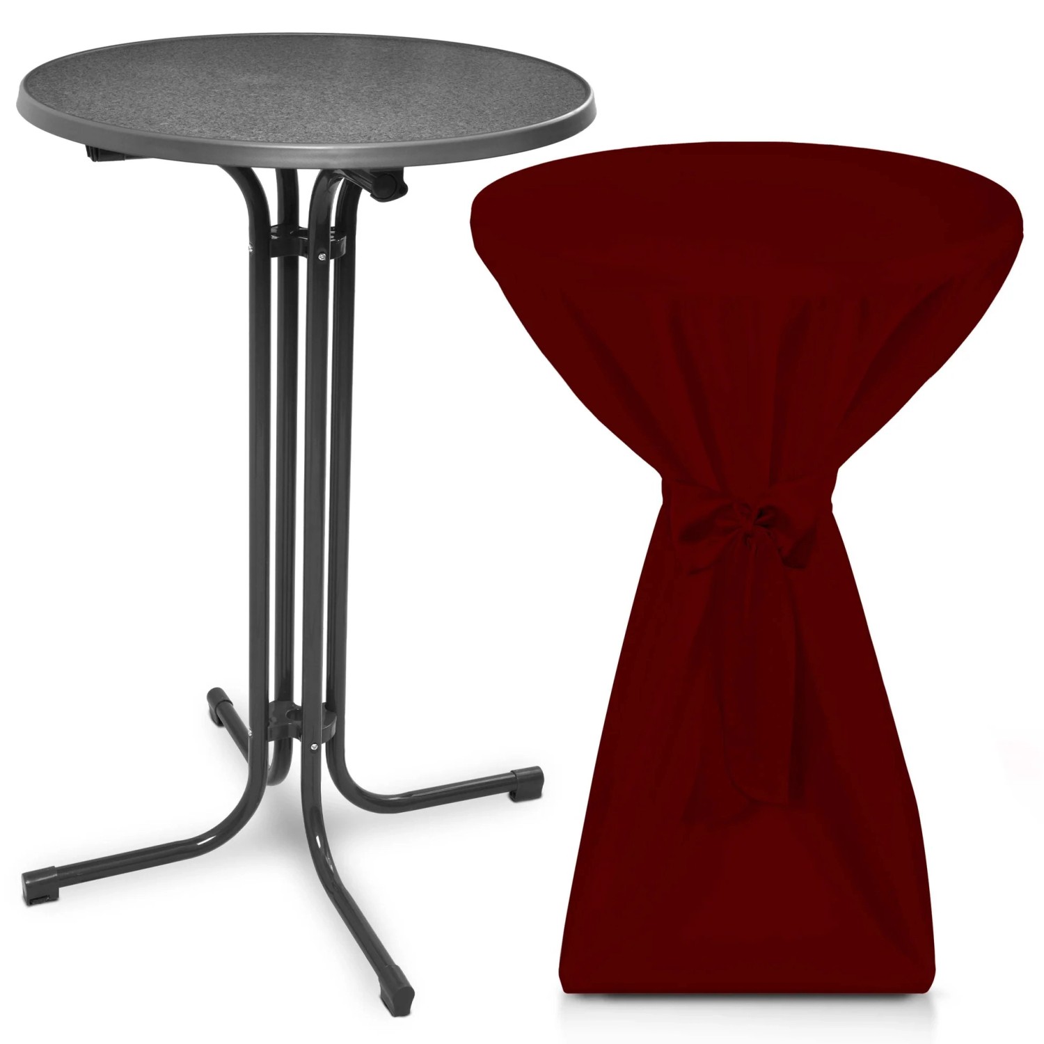 Beautissu Bellini Stehtisch Ø 70cm Grau mit Premium Stehtischhusse Ø 70cm Bordeaux