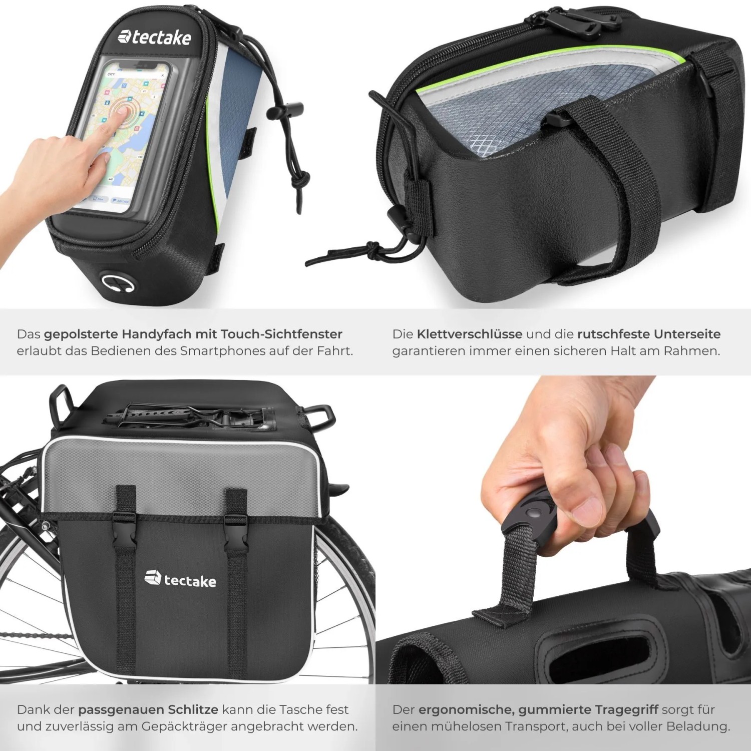 Tectake Fahrradtaschen Set: Gepäckträger- und Rahmentasche für Radtouren. Praktische Aufbewahrungslösung.