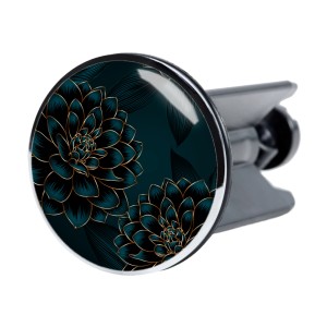 Sanilo Waschbeckenstöpsel mit Dahlien-Motiv in Dunkelgrün und Gold.