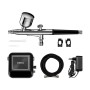 Wiltec Airbrush Kompressor Set mit silberner Pistole, schwarzem Kompressor, Schlauch, Netzteil und Zubehör für Sprühgeräte.