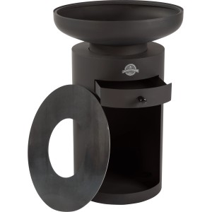 Schwarzer Jamestown Plancha-Grill Redmoon Ø 58 cm mit Ascheschublade und Holzfach.