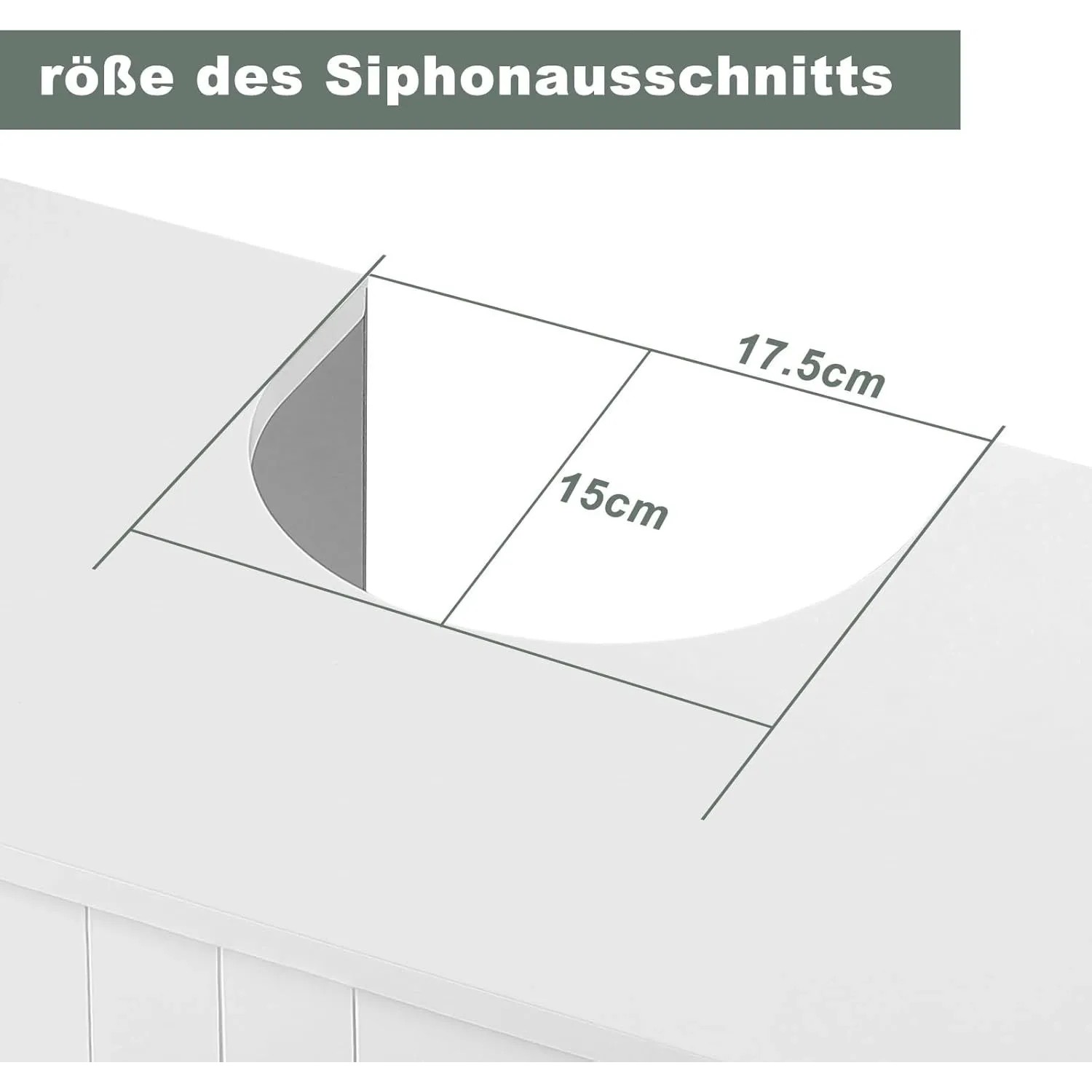 Siphonausschnitt des Waschbeckenunterschranks mit Maßen 15x17,5 cm. Wichtig für die Passform im Bad.