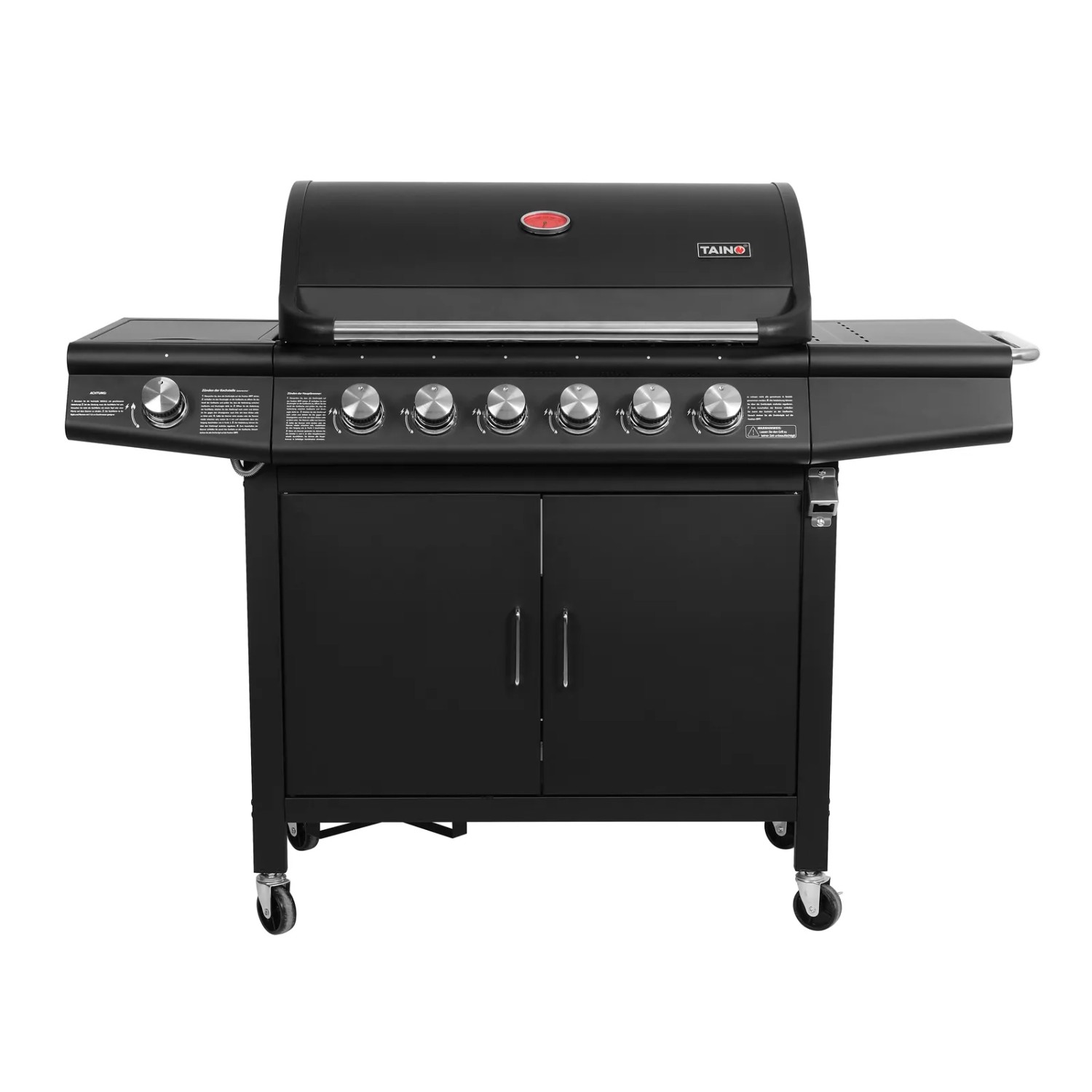 Schwarzer Taino Red 6+1 Gasgrill mit Edelstahlbrennern und Grillwagen.