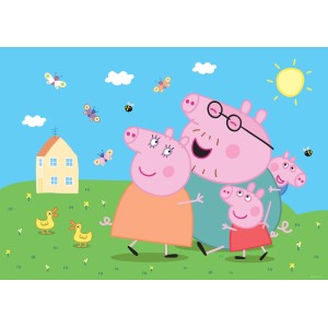 Sanders & Sanders Poster: Peppa Wutz Familie auf grüner Wiese mit Haus, Schmetterlingen und Sonne.