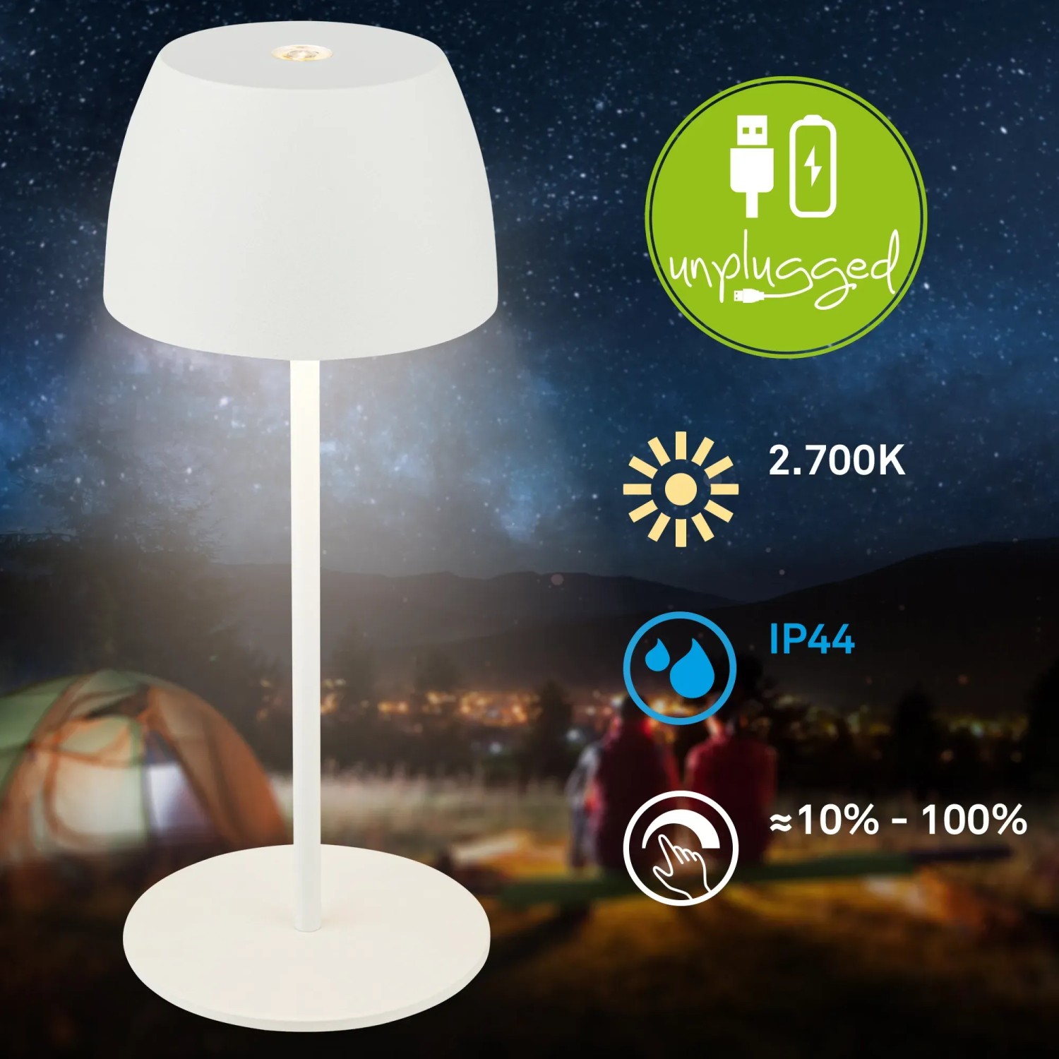 Weiße Brilo LED Akku Tischleuchte Serina Mini, 20 cm hoch, dimmbar, für den Außenbereich.