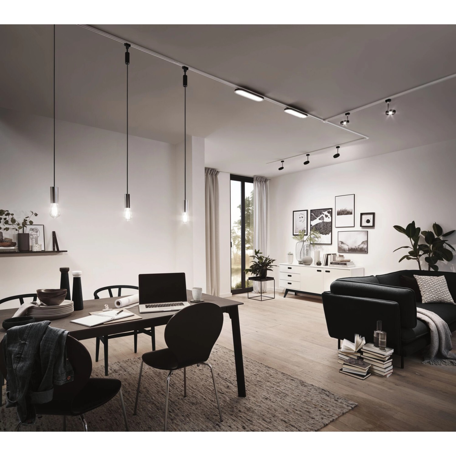 Wohnraum mit Paulmann URail Schiene (150cm, Signalweiß) und verschiedenen Leuchten.