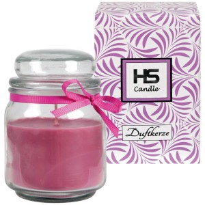 HS Candle Duftkerze Lavendel im Bonbonglas (Ø9cm) mit rosa Schleife.