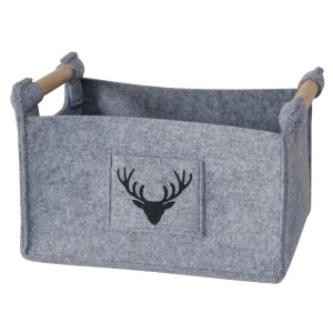 Grauer Boltze Aufbewahrungskorb Karly mit Hirsch-Motiv und Holzgriffen, 30x31x43cm.