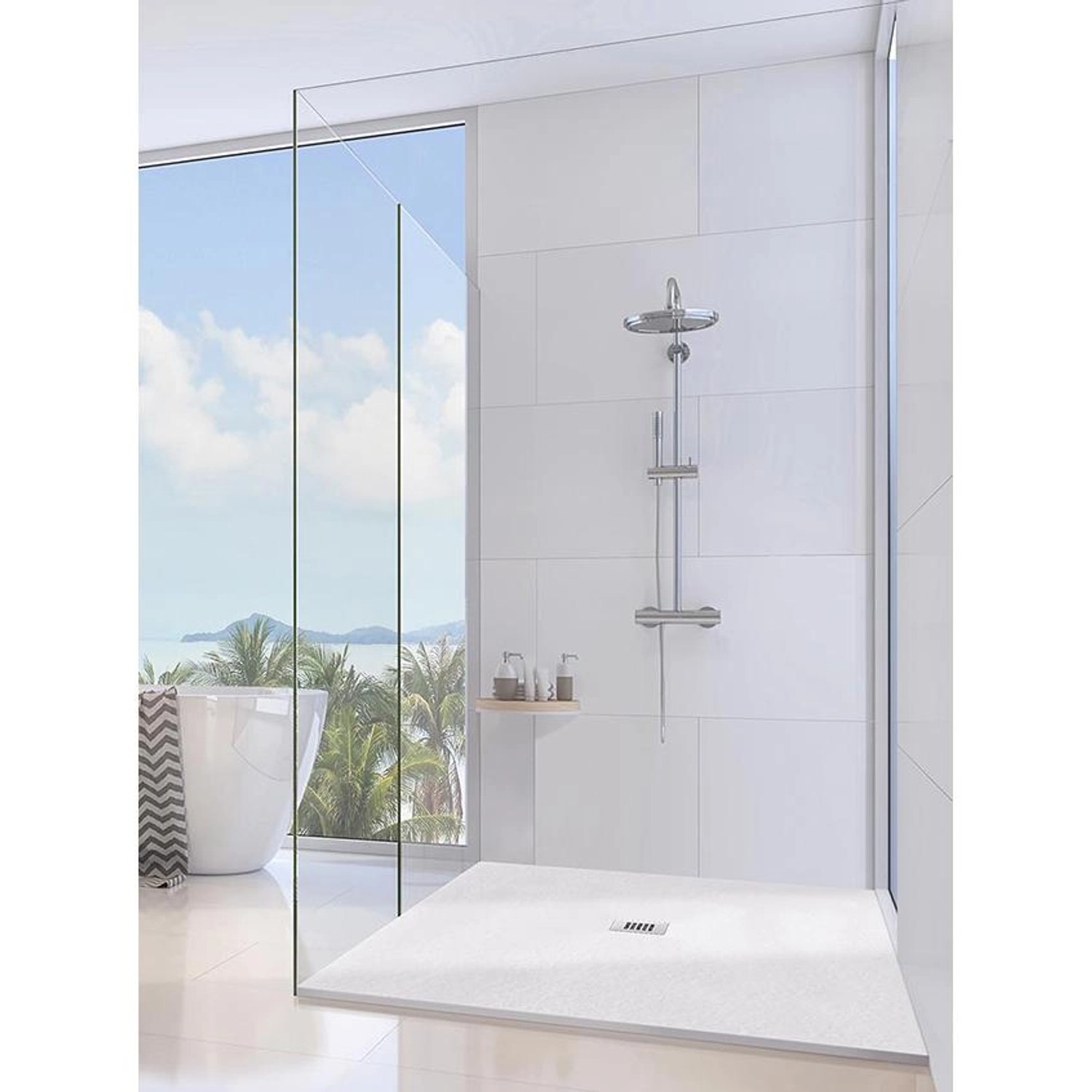 Weiße Frascio Duschwanne 150x115 cm Vulcano Line mit Abfluss in moderner Dusche.