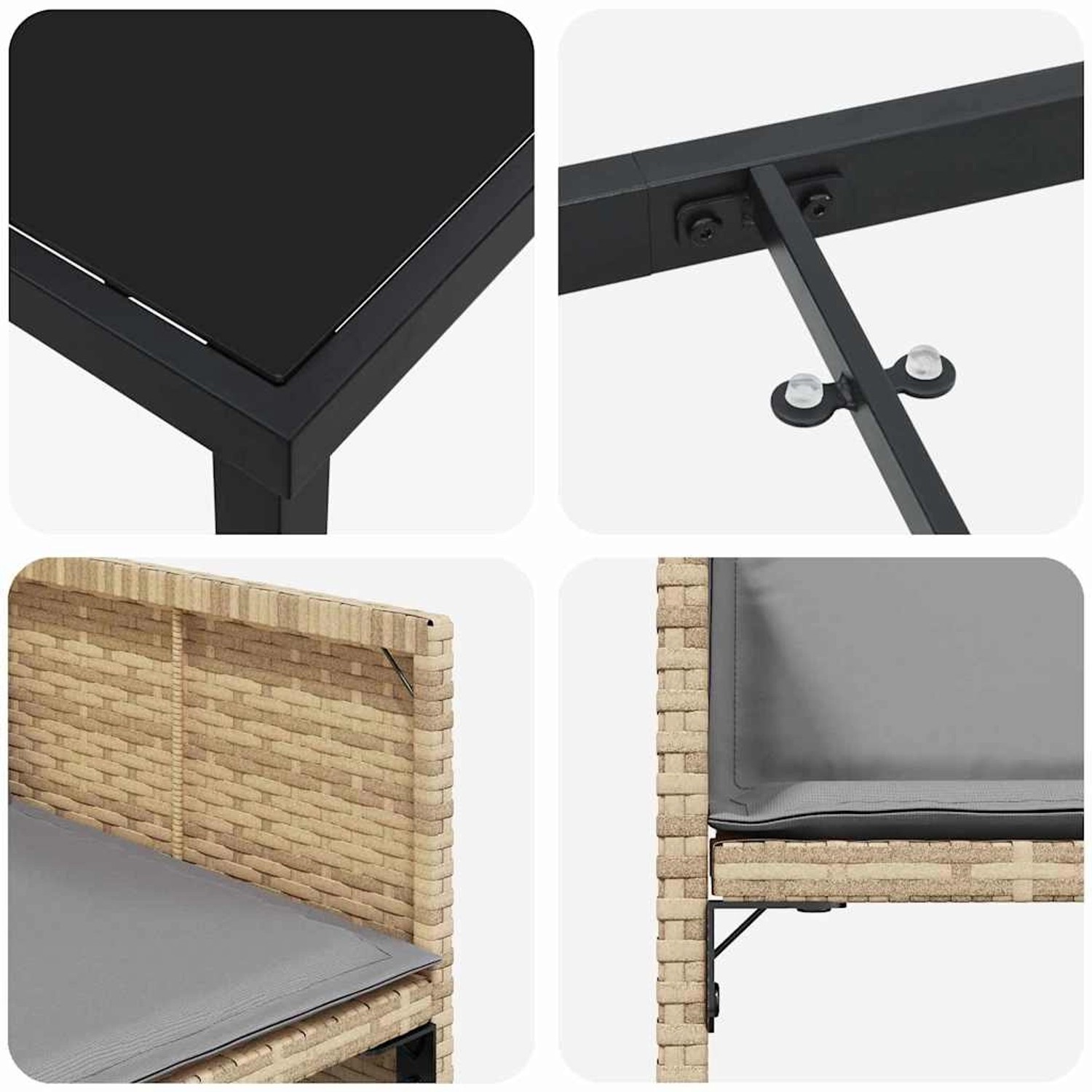 Detailansicht: Beige vidaXL Garten Essgruppe, Poly Rattan, Tisch mit Glasplatte, Stuhl mit Polster.