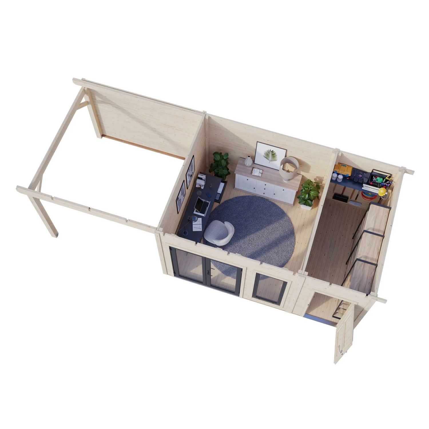 Palmako Holz-Gartenhaus mit Pultdach, weiß lackiert, 739x300cm, Innenansicht mit Büro und Werkstatt.
