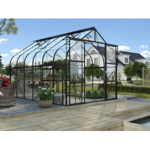 Schwarzes Vitavia Gewächshaus Diana 9900 ESG mit Glasfront und Doppelschiebetür im Garten.
