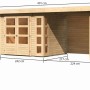 Karibu Holz-Gartenhaus Sölve Natur, unbehandelt, mit Maßangaben. Flachdach und Anbau.