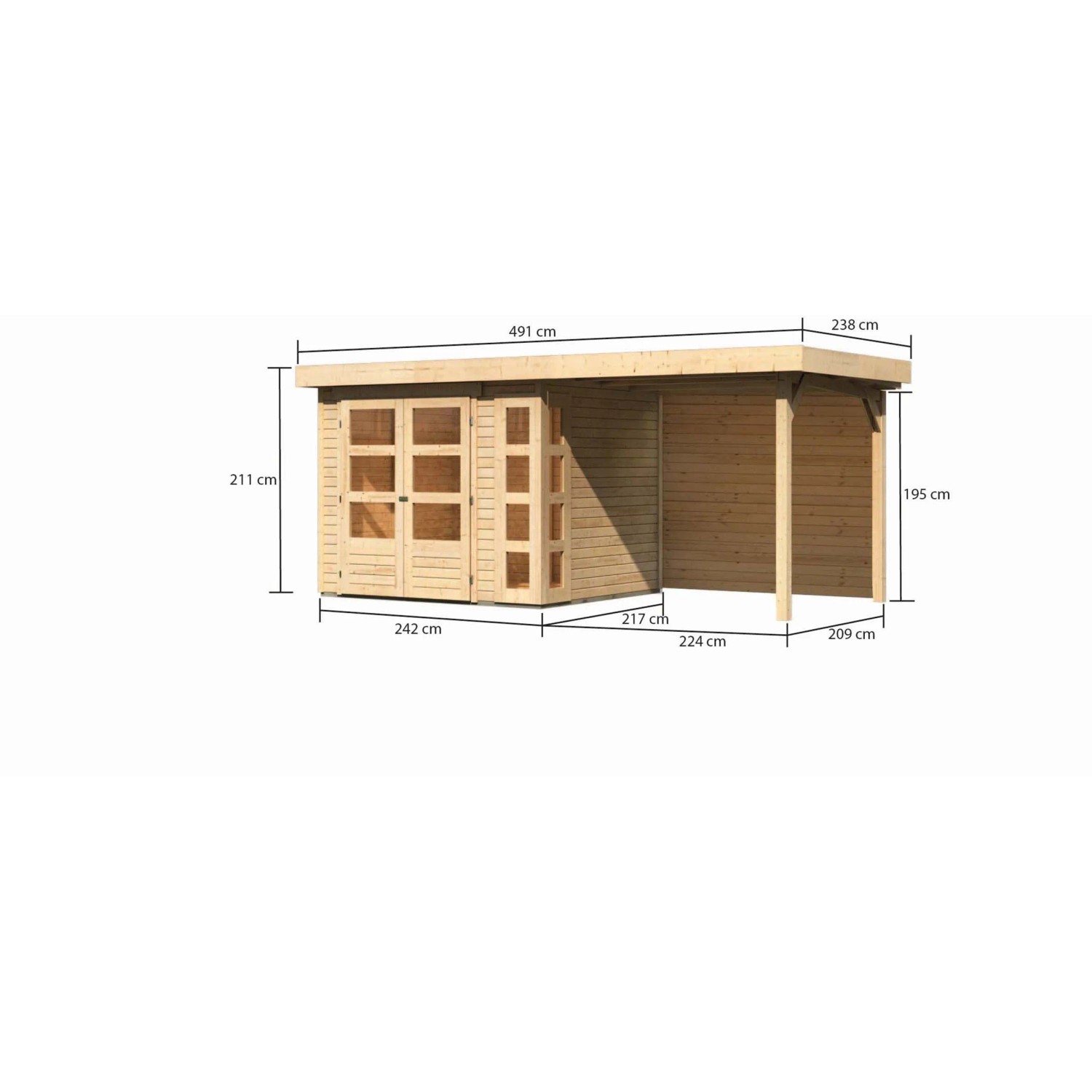 Karibu Holz-Gartenhaus Sölve Natur, unbehandelt, mit Maßangaben. Flachdach und Anbau.