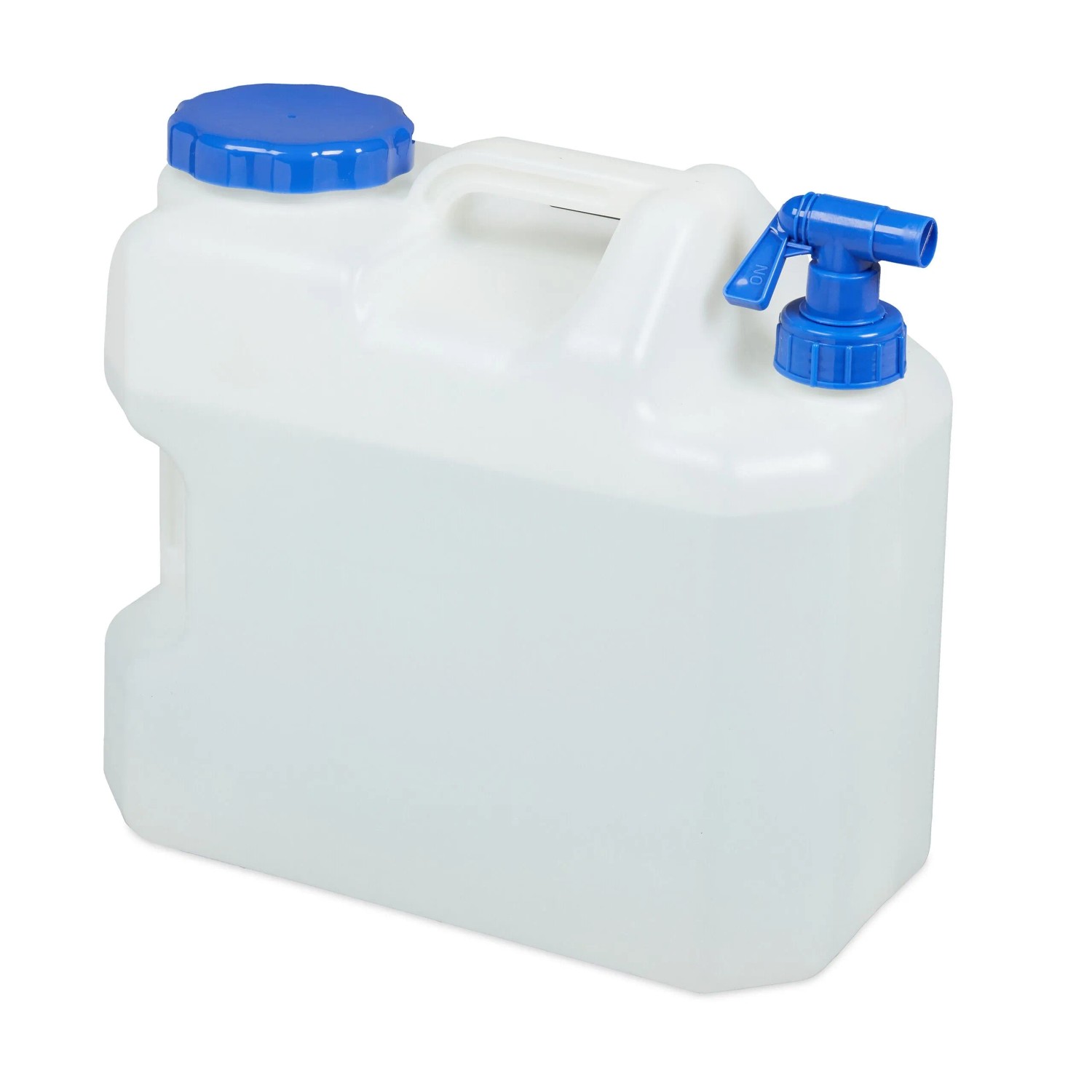 Weißer 18 L HDPE Wasserkanister mit blauem Schraubverschluss und Hahn für Camping & Outdoor.