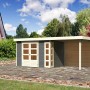 Terragraues Karibu Holz-Gartenhaus Sölve mit Flachdach und Anbau.