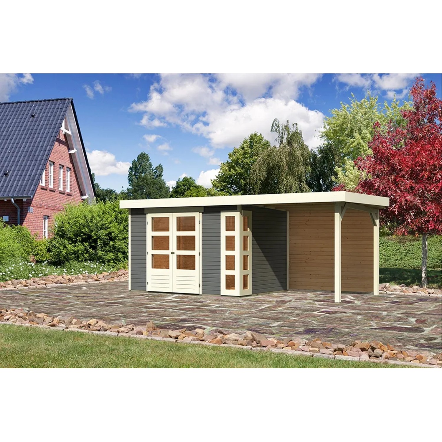 Terragraues Karibu Holz-Gartenhaus Sölve mit Flachdach und Anbau.