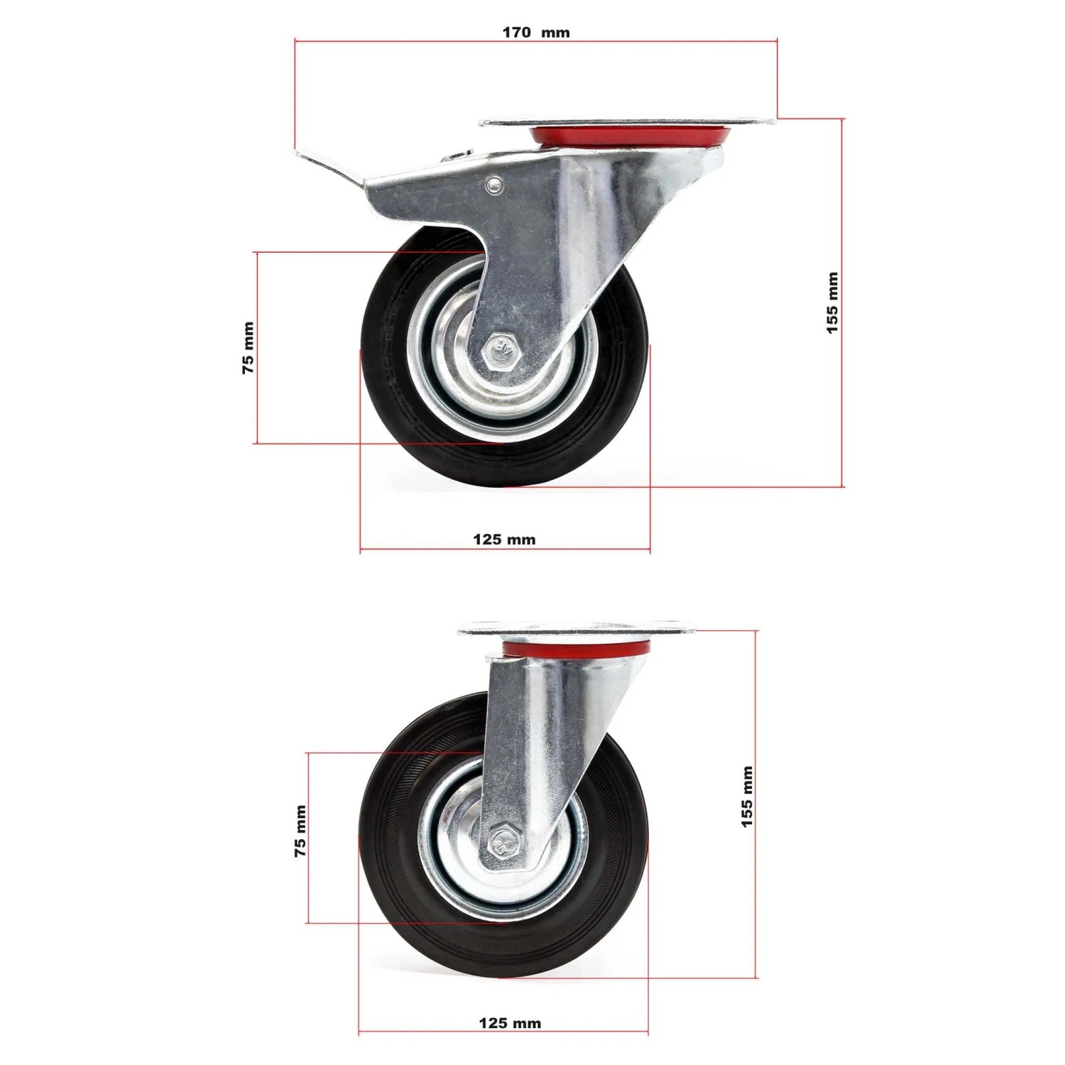 Wiltec Transportrollen Set 125Mm 100Kg 2X Doppelstopp-Lenkrolle 2X Lenkrolle_3