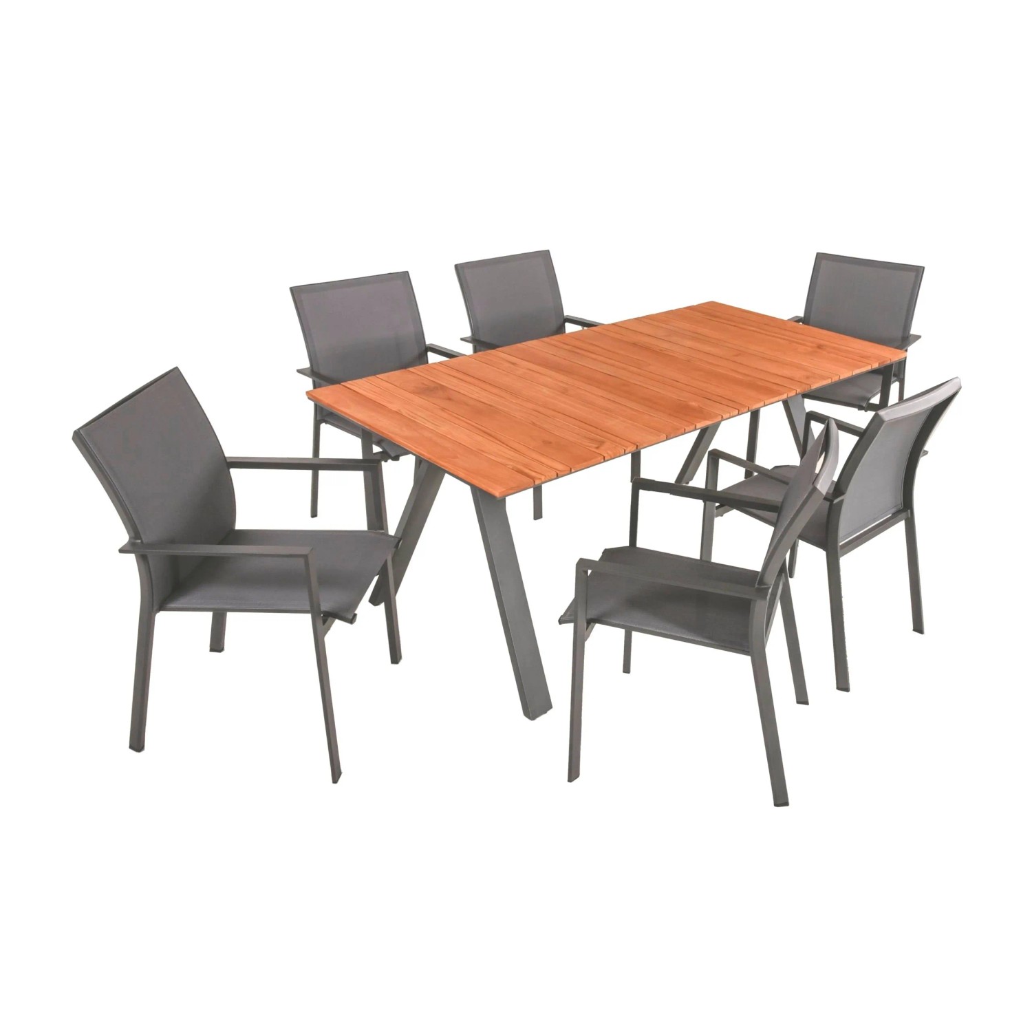 DELUKE Garten-Sitzgruppe GESA 7-tlg. Teak Grau Gartenmöbel-Set Gartengarnitur Garten-Essgruppe Stapelstühle Esstisch