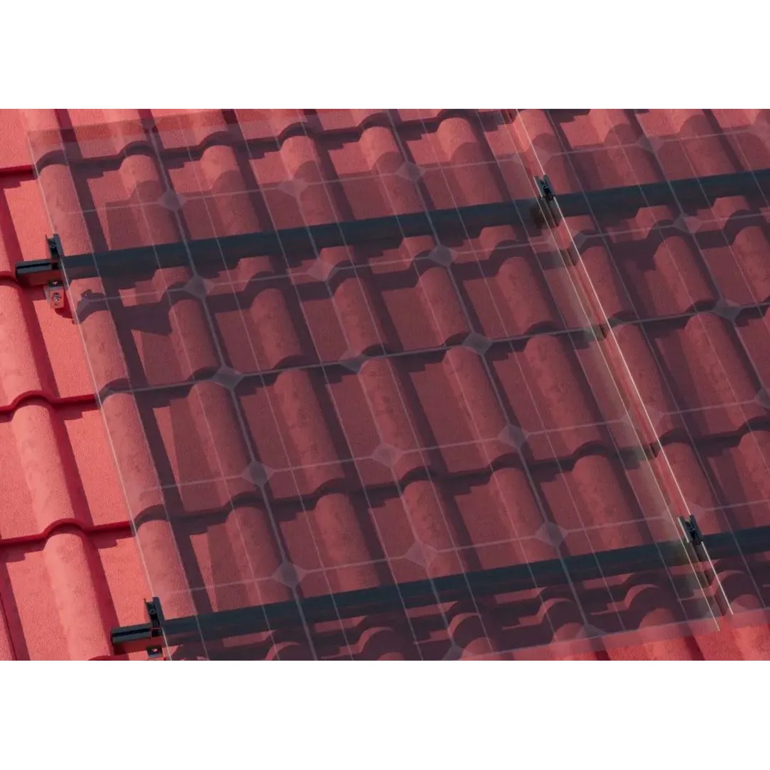 Montiertes Solarpanel mit Absaar Mittelklemmen auf einem roten Ziegeldach.