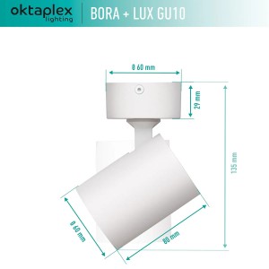 Weiße Oktaplex Bora Deckenleuchte mit GU10 Leuchtmittel, schwenkbar, aus Aluminium.