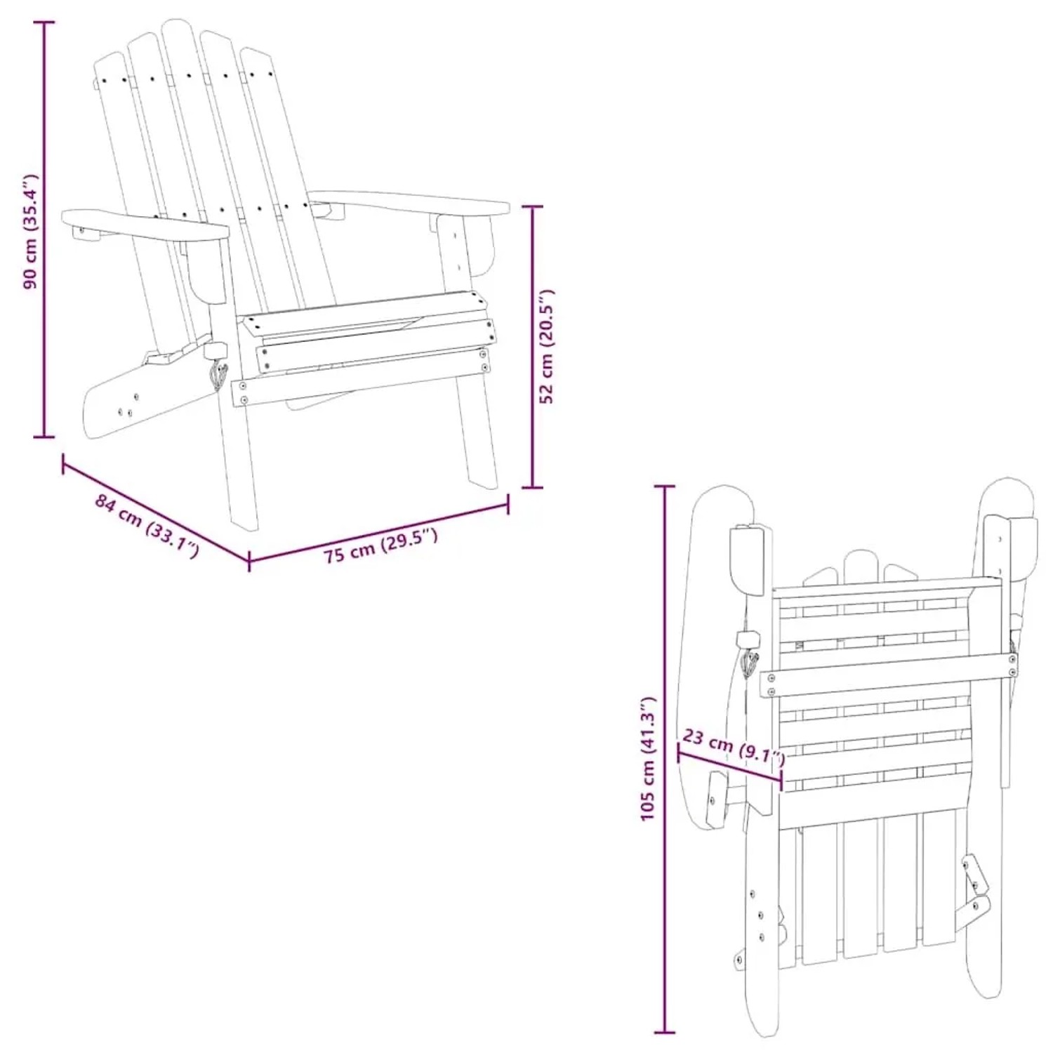 Maßzeichnung des vidaXL Adirondack-Gartenstuhls aus Akazie, aufgeklappt und zusammengeklappt mit Maßen.