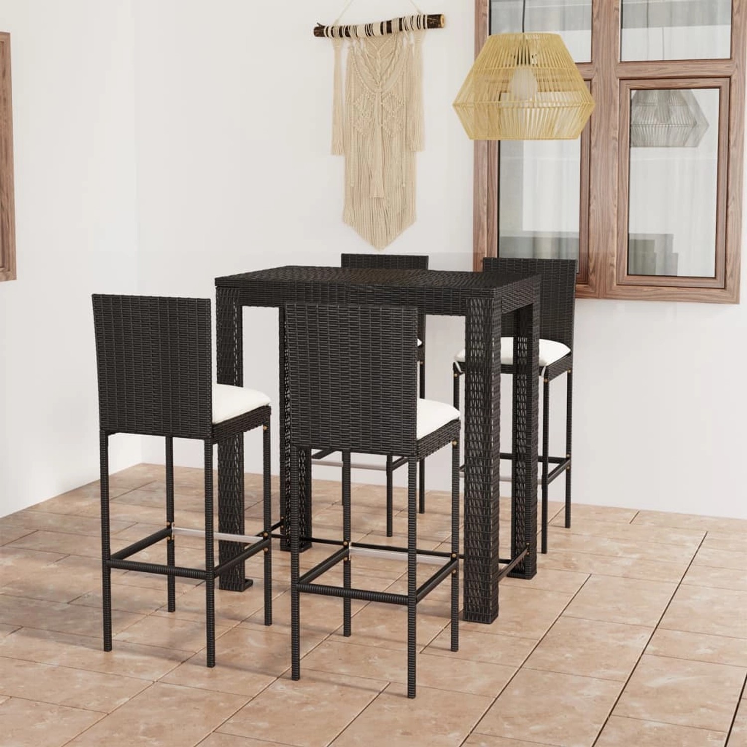 vidaXL 5-tlg. Gartenbar-Set, schwarzes Poly Rattan mit Tisch, Barhockern und Kissen.