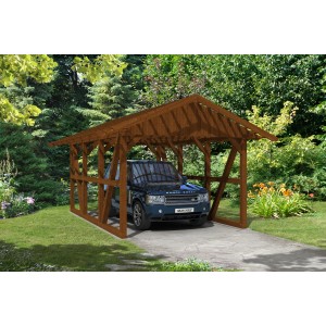 Skan Holz Carport Schwarzwald Nuss, 424x600cm, mit Auto. Holzcarport mit Satteldach und Dachlattung.