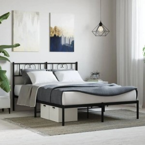 Schwarzes Metall Bettgestell (120x190 cm) mit Kopfteil von vidaXL im Schlafzimmer.
