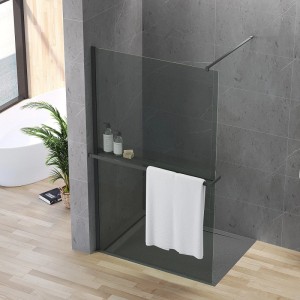 Aquabatos Walk-In Duschkabine mit 8mm Grauglas, mattschwarzem Profil, Ablage und Handtuchhalter. Modernes, barrierefreies Design.