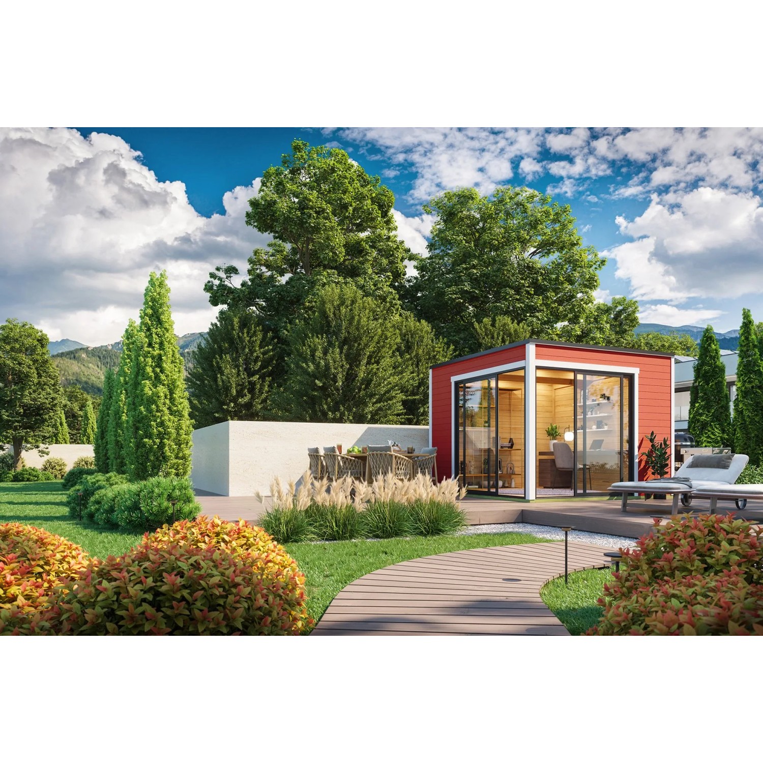 Lasita Gartenhaus Palermo 3,0x3,0m, schwedenrot, mit Schiebetüren und Fußboden. Holz-Gartenhaus im modernen Design.