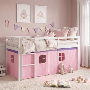 Homestyle4u Hochbett 90x200 mit Vorhang und Lattenrost in Weiß 2550