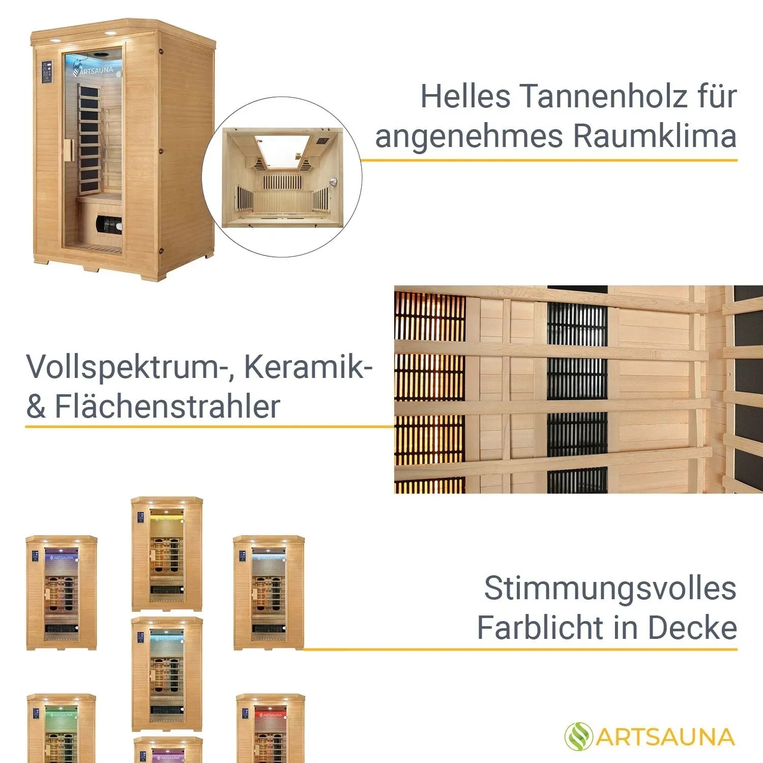 Artsauna Infrarotkabine Oslo mit Hemlockholz, verschiedenen Strahlern und Farblicht