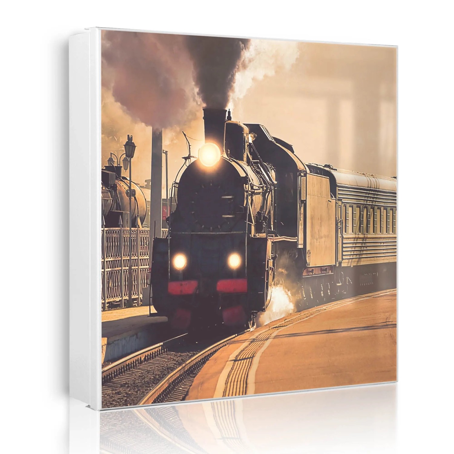 Banjado Großer Schlüsselkasten Metall 30x30cm Weiß Scharnier Links 50 Haken Beschreibbar Magnetisch Motiv Einfahrender Zug