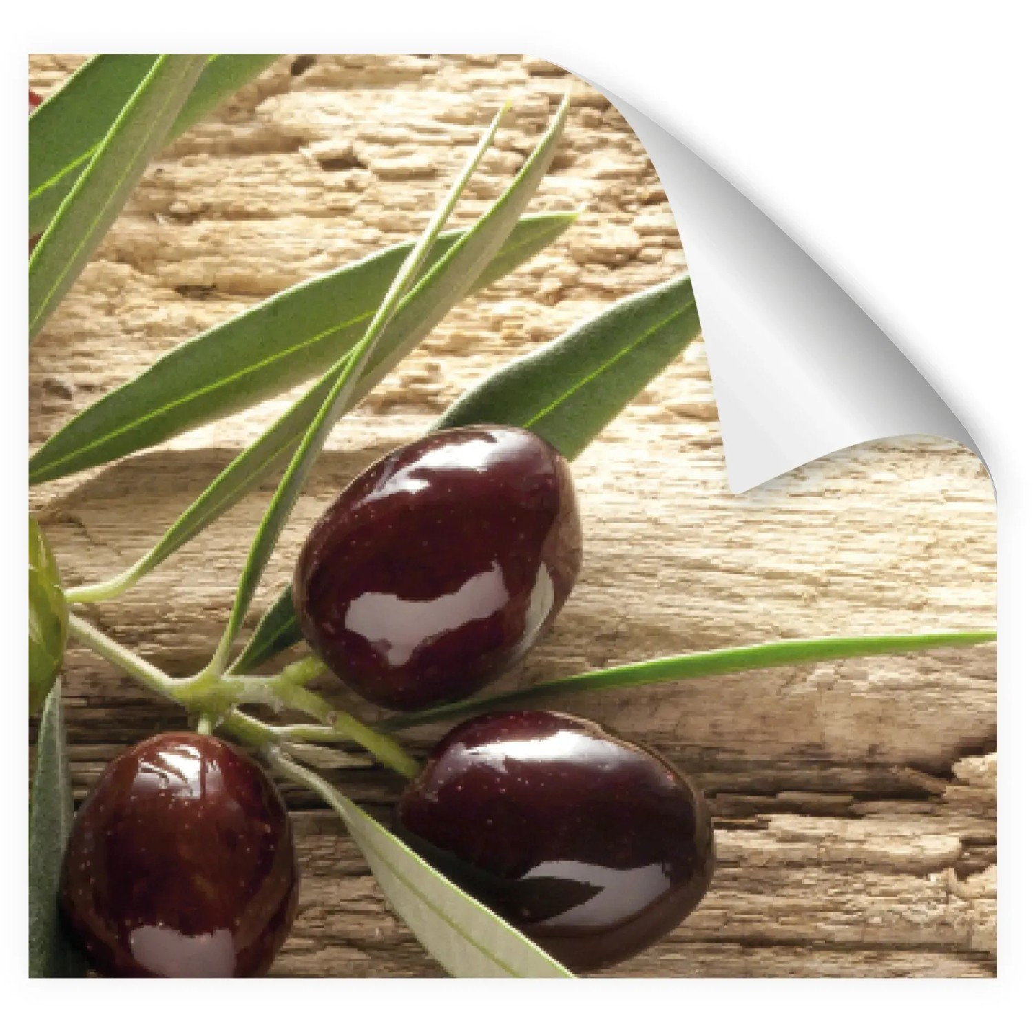 Myspotti Küchenrückwandfolie Mediterran mit Oliven auf Holzstruktur, selbstklebend.