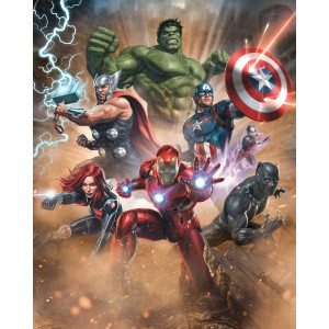Komar Vliesfototapete mit Avengers Superpower Motiv, zeigt Hulk, Iron Man, Thor, Captain America, Black Widow und Black Panther.