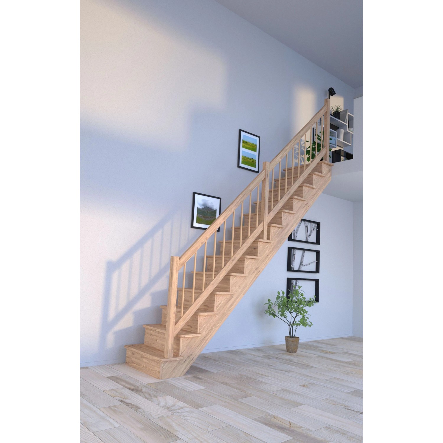 Helle, gerade Eichenholztreppe Lindos mit Holz-Design-Geländer und Setzstufen im Innenraum.