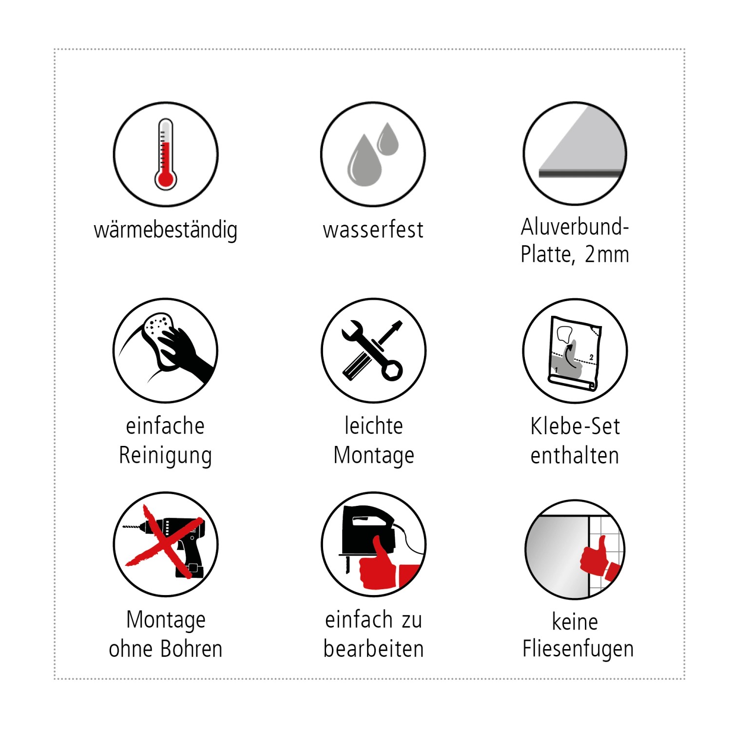 Piktogramme der MySpotti Küchenrückwand Profix Cucina Brick Wall: Hitzebeständig, wasserfest, einfache Montage.