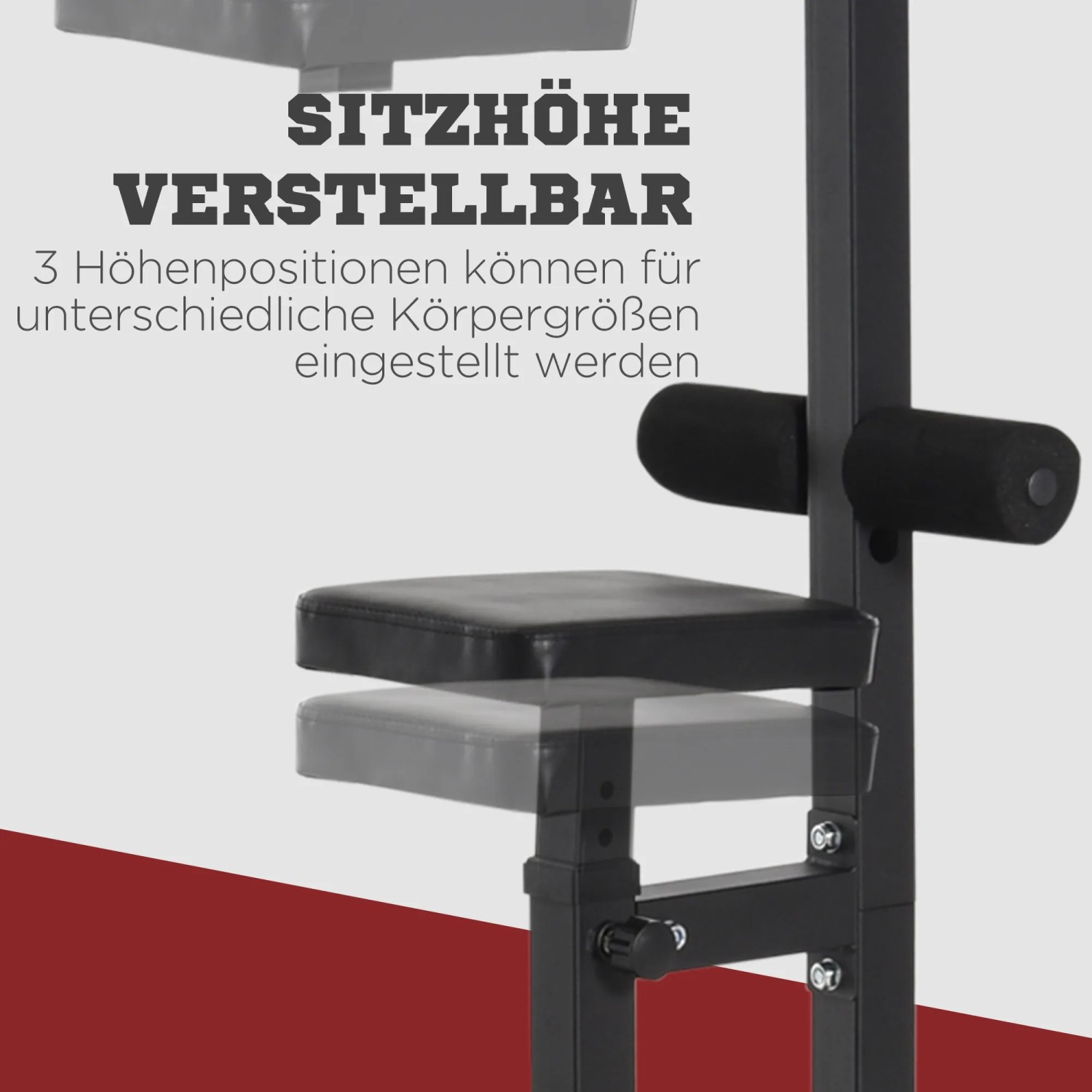 Detailaufnahme: Verstellbarer Sitz der schwarzen HOMCOM Kraftturm Dip-Station.