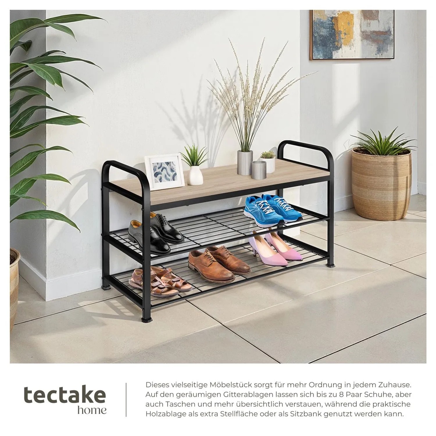 Tectake Schuhregal Southampton Industrial Style Holz und Stahl  91 x 36 x 55 cm Industrial Holz Hell  Eiche Sonoma_4